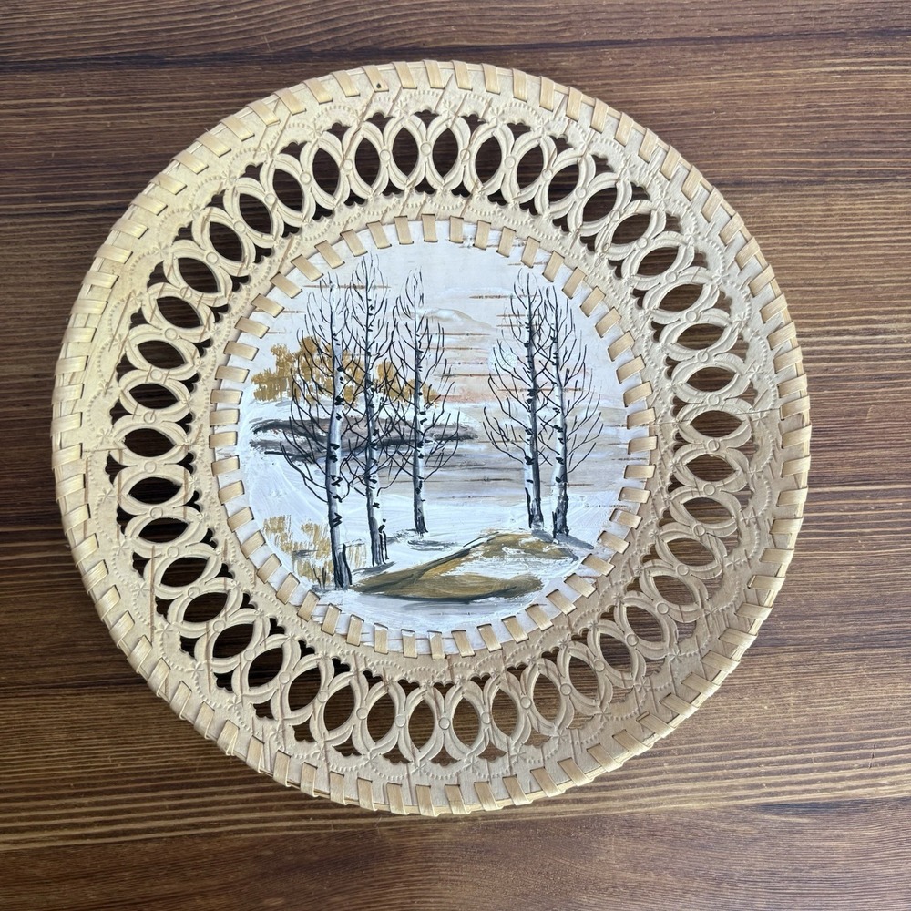 Vintage Russian Birch Bark Wicker Wall Plate Hand Painted Winter Landscape Decor